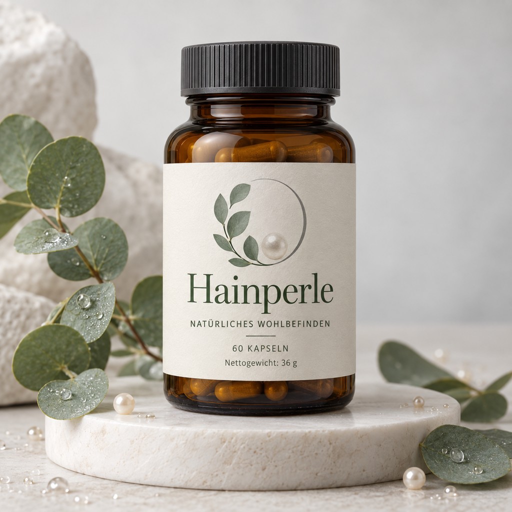 Hainperle in einer Produktaufnahme mit lesbarem Etikett